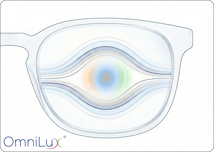 OmniLux lens technology diagram showing natural multifocal vision zones