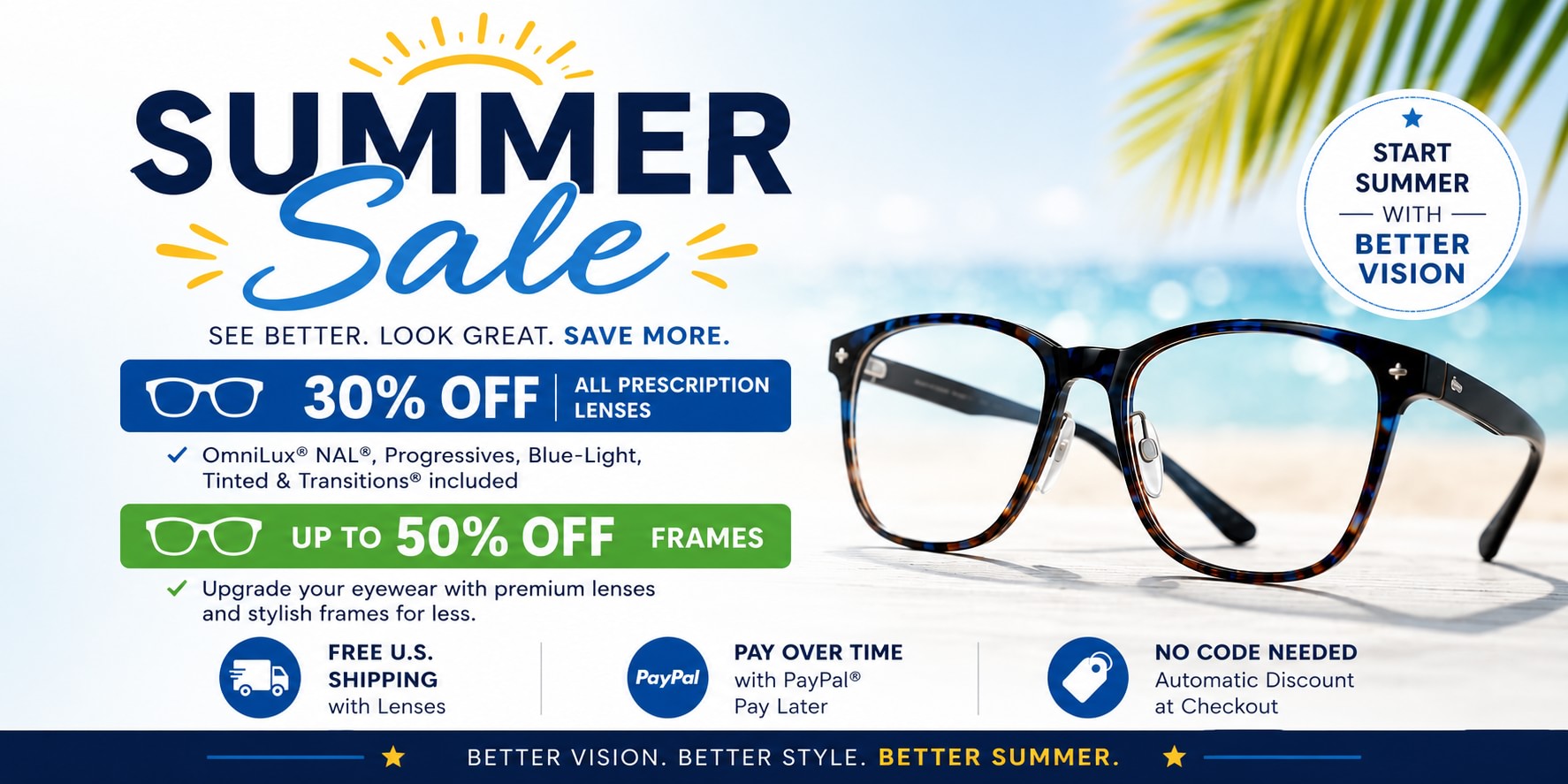 BestNewGlasses.com Summer Sale featuring prescription eyeglasses, OmniLux NAL lenses, 30% off prescription lenses, and up to 50% off frames.